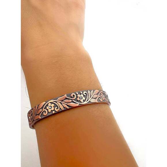 Boho Copper Floral Cuff Bangle Bracelet, Arthritis Relief, Gift Box - Picture 8 of 11